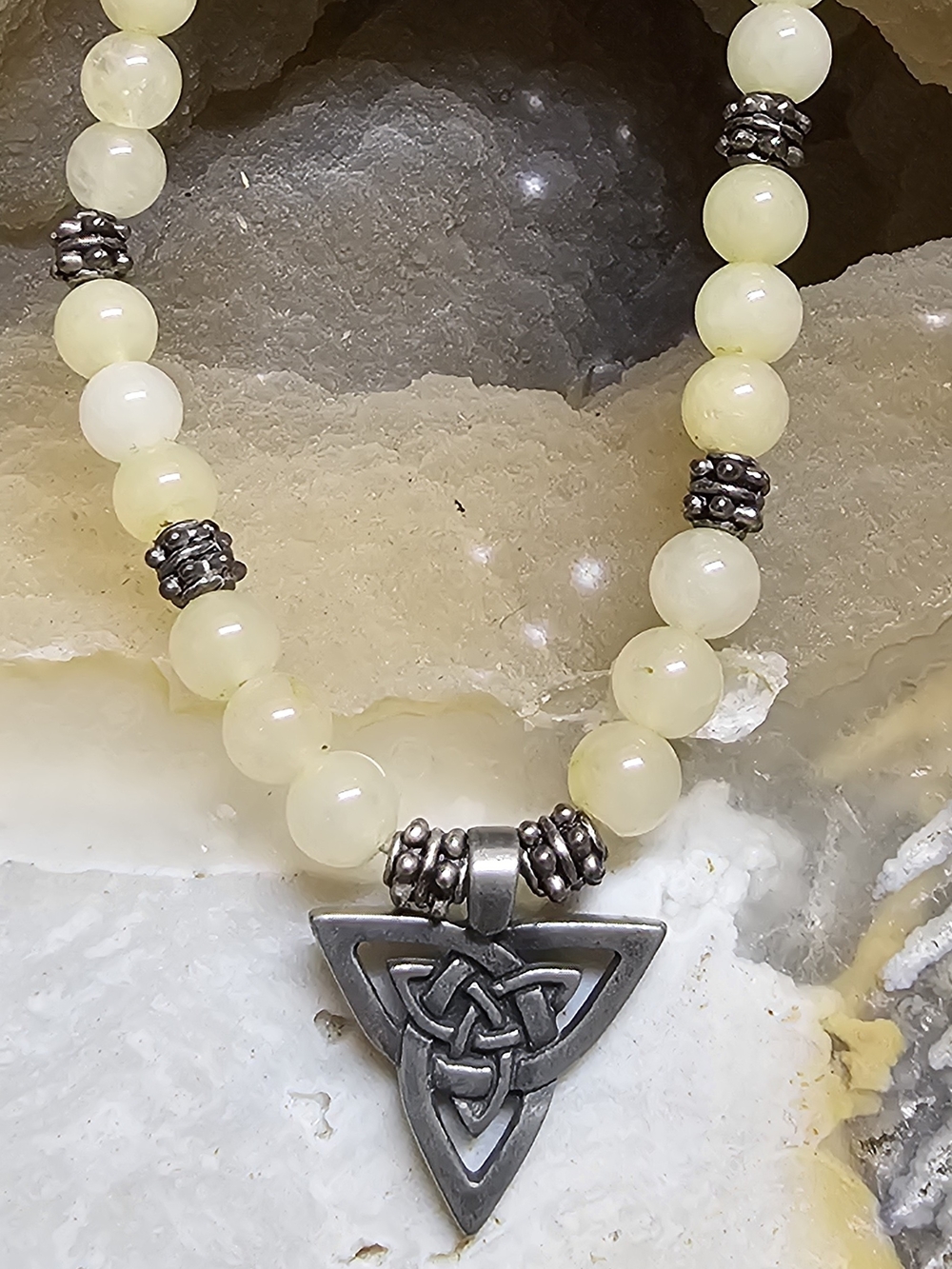 Yellow Calcite Beaded Necklace W/ Celtic Triangle Pendant Sterling Silver Clasp
